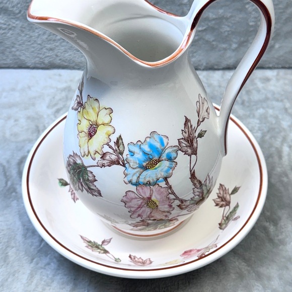 Vintage Japan Pitcher Bowl Set Floral Ceramic Mid Century Cottage Botanical - Picture 7 of 12